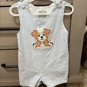 Cactus Blue and White Striped Romper with Puppy Design